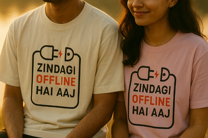 Two people sitting together wearing t-shirts with a humorous message about life being offline.