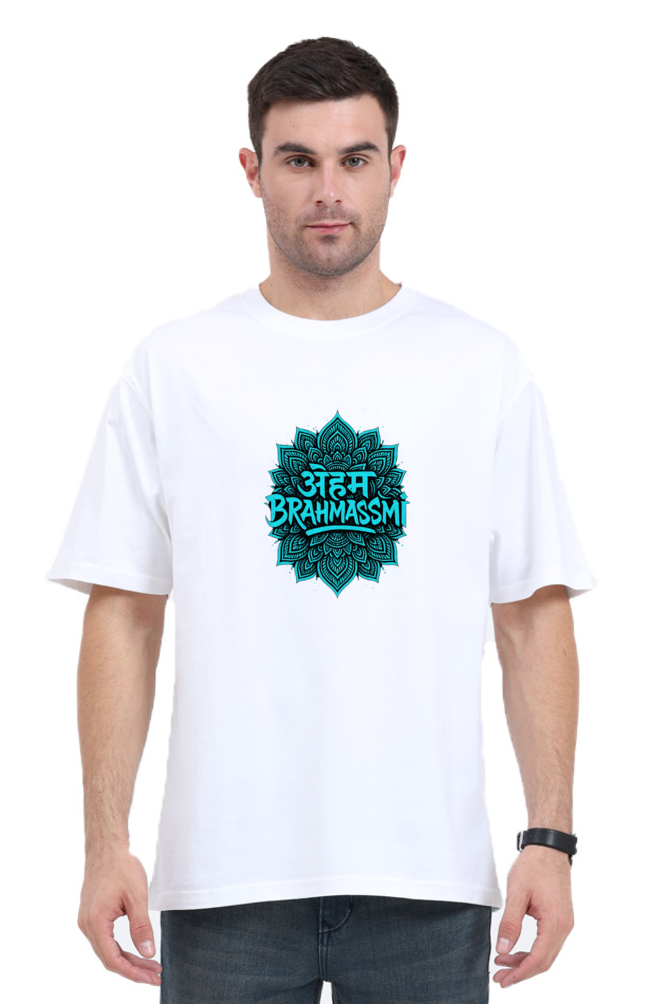 SkyBi Shirts Brahmasmi Oversized T-Shirt in white with blue mandala design worn by male model