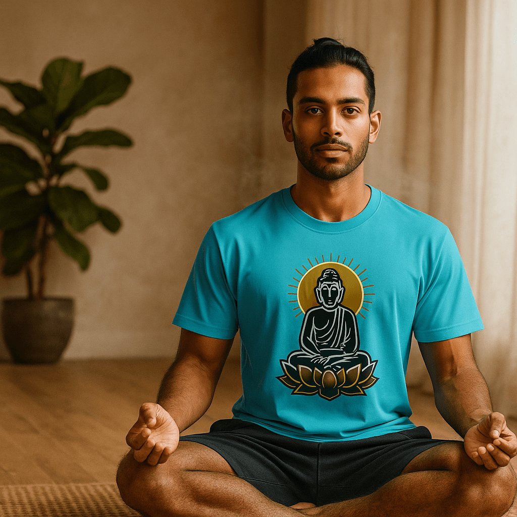 Mens Spiritual Cotton Yoga Tees featuring a radiant Buddha print worn by a man meditating indoors