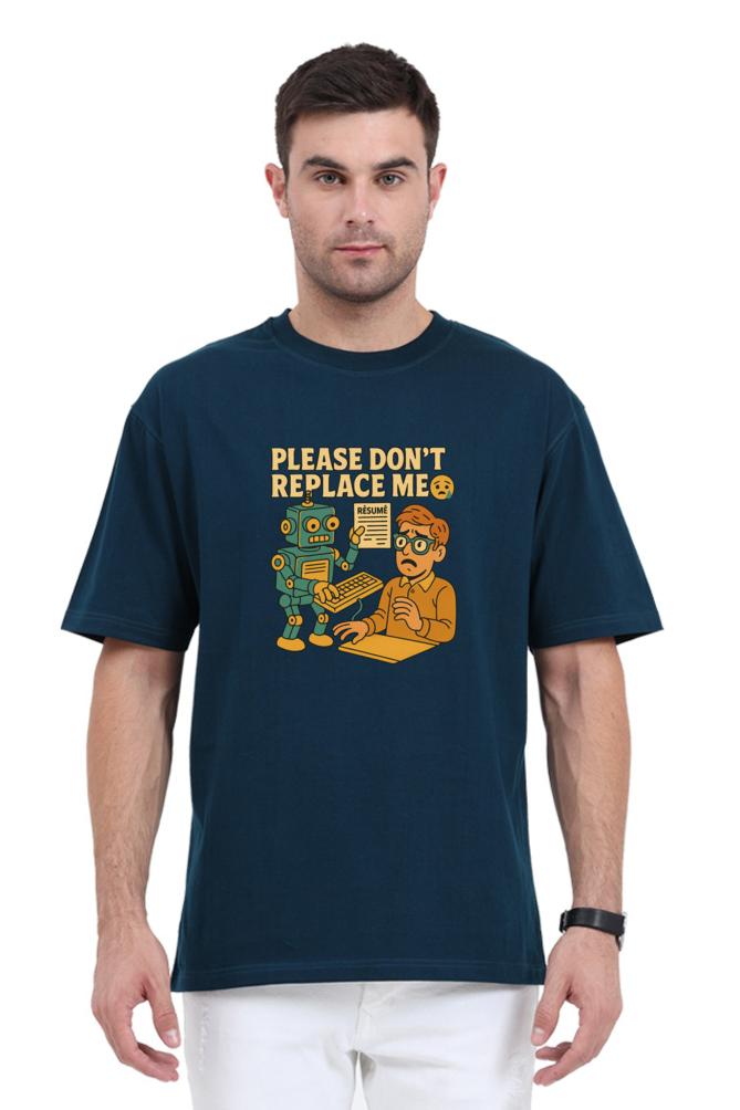 AI anxiety oversized t-shirt in navy blue with humorous loading bar graphic worn by male model
