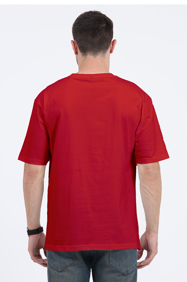 Back view of a man wearing a red AI anxiety oversized t-shirt by SkyBi Shirts with relaxed fit