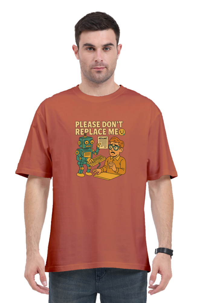 Man wearing AI anxiety oversized t-shirt in rust color with colorful Orkut scrap me graphic print