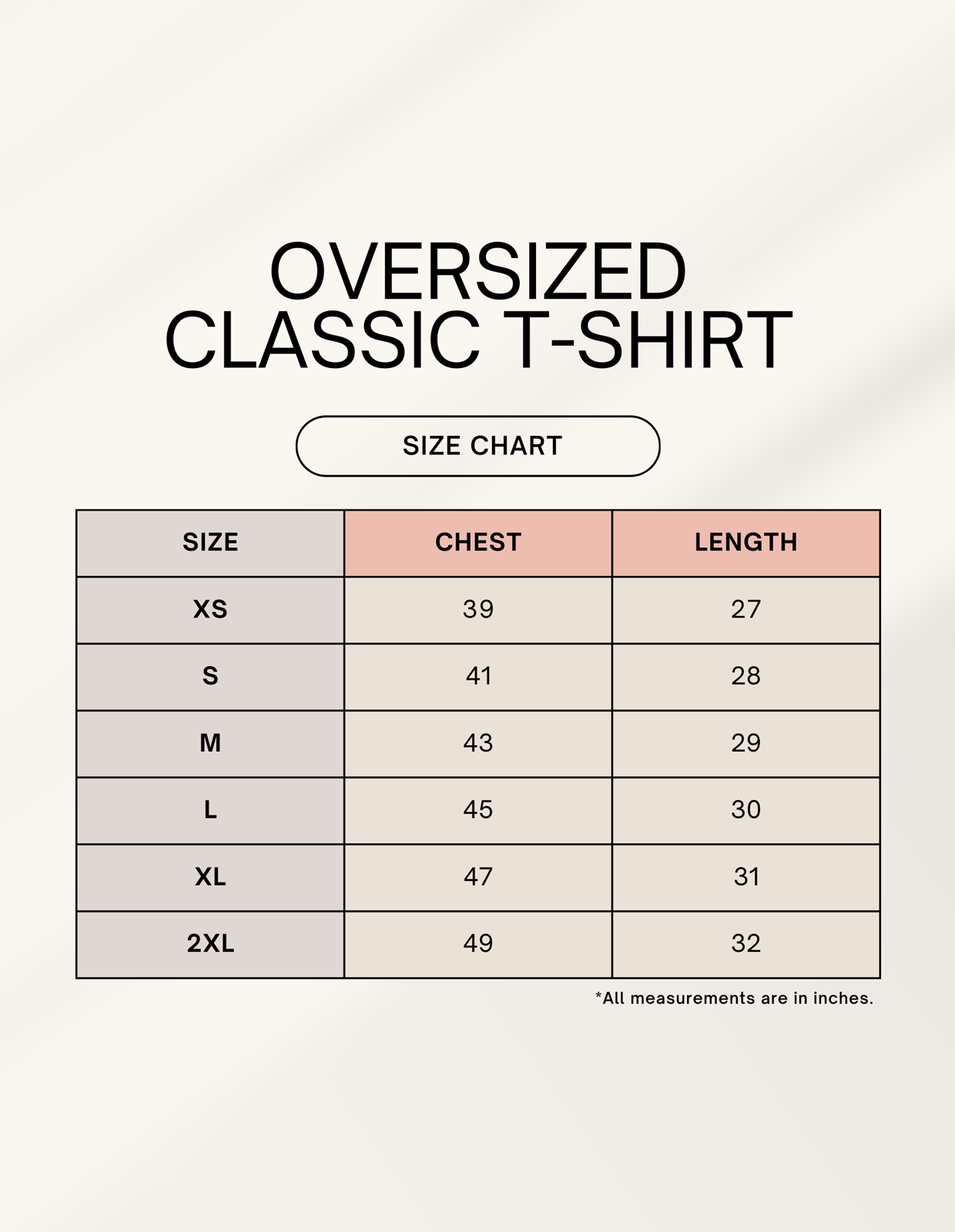 Size chart for AI anxiety oversized t-shirt showing chest and length measurements in inches