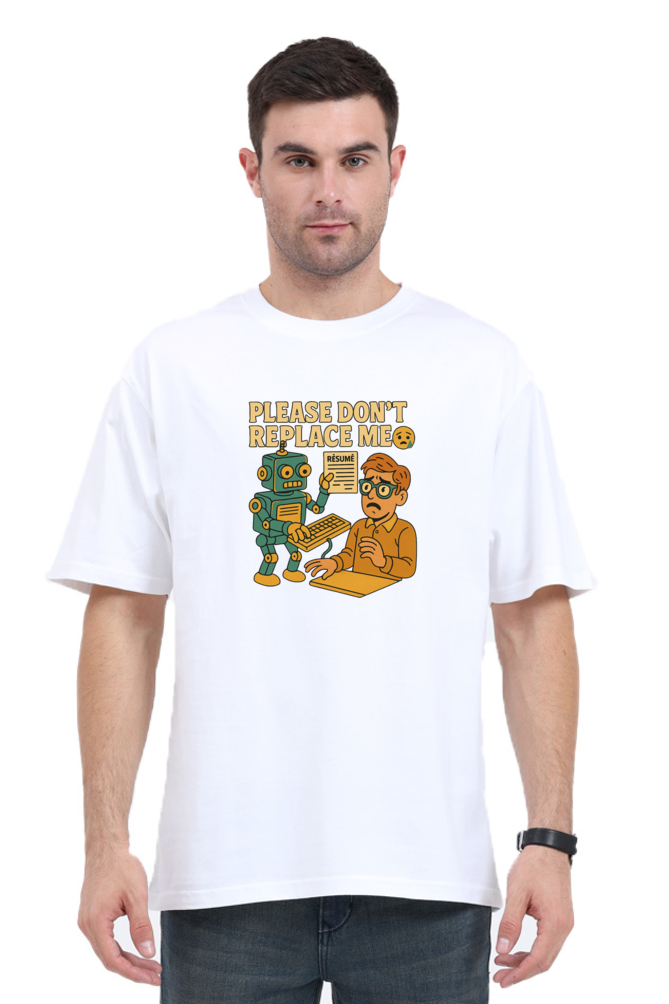 Man wearing white AI anxiety oversized t-shirt with blue Brahmasmi graphic design by SkyBi Shirts