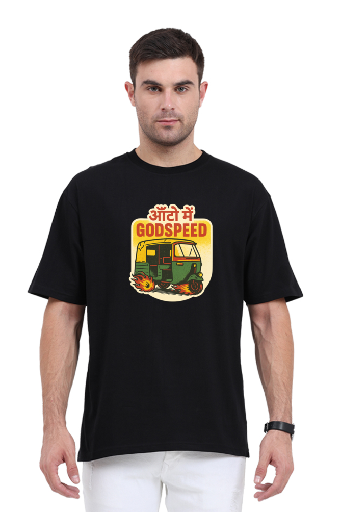 Black auto rickshaw Oversized T-Shirt with colorful Godspeed graphic worn by male model