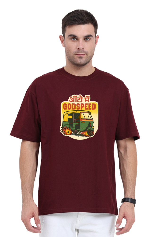 Maroon auto rickshaw Oversized T-Shirt by SkyBi Shirts with colorful Godspeed graphic printed on front