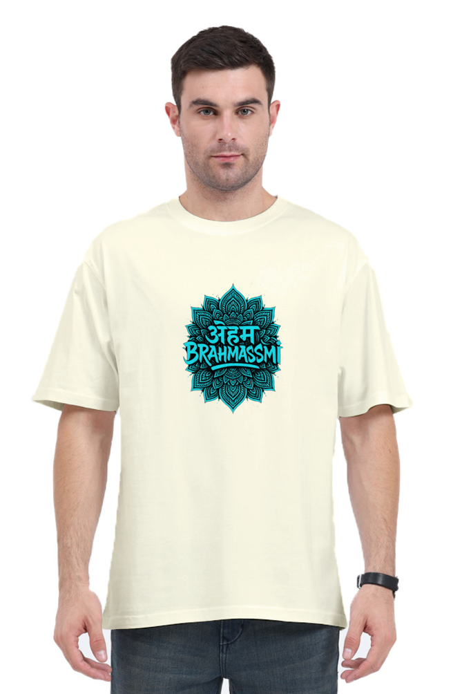 Man wearing SkyBi Shirts Brahmasmi Oversized T-Shirt in cream with blue mandala graphic design