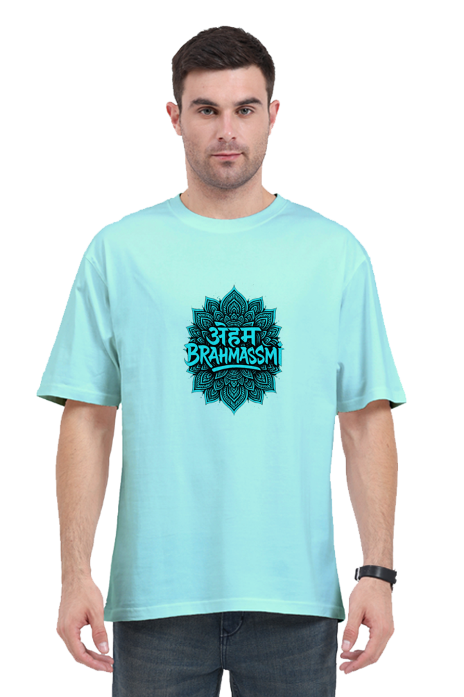SkyBi Shirts Brahmasmi Oversized T-Shirt in light blue with bold graphic design worn by male model