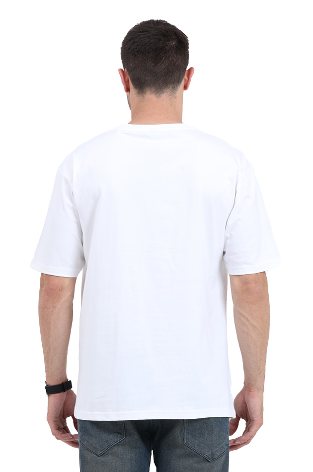Back view of man wearing white Brahmasmi Oversized T-Shirt paired with blue jeans