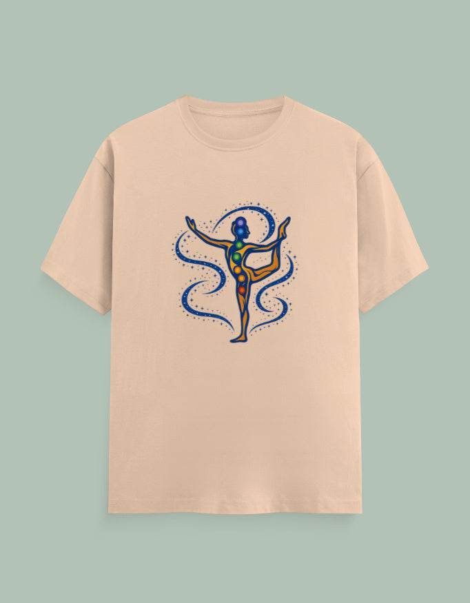 Beige Chakra Dancer Yoga Tee by SkyBi Shirts with colorful chakra figure in yoga pose