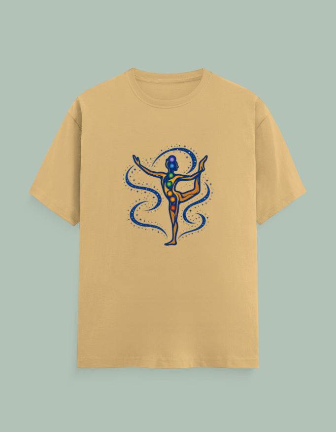 Beige Chakra Dancer Yoga Tee with colorful chakra design and dancer silhouette by SkyBi Shirts