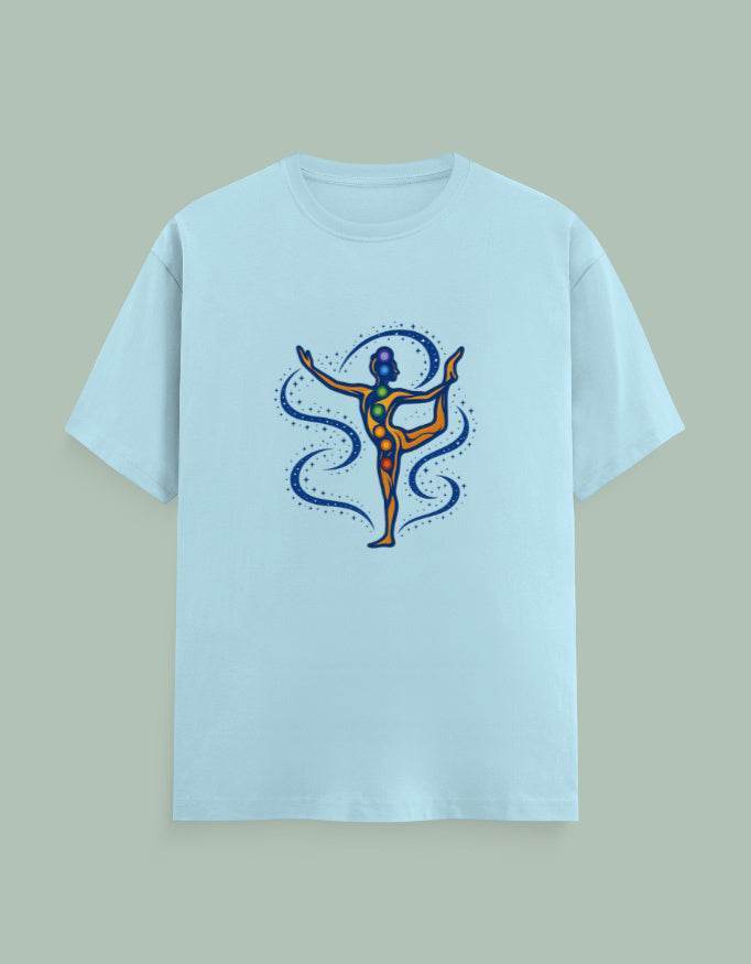 Light blue Chakra Dancer Yoga Tee with colorful chakra dancer graphic on front by SkyBi Shirts