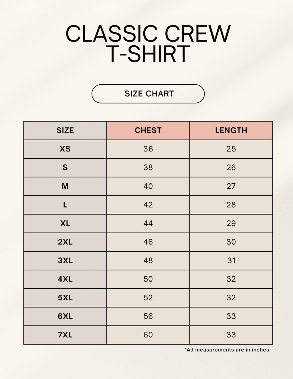 Size chart for SkyBi Shirts Classic Crew T-Shirt showing chest and length measurements in inches