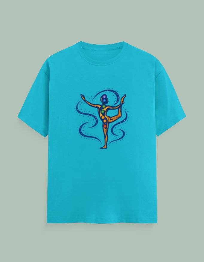 SkyBi Shirts turquoise Chakra Dancer Yoga Tee with colorful chakra figure in yoga pose