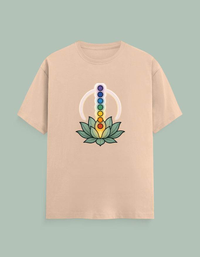 Beige Chakra Mandala Yoga Tee with colorful chakra symbols and lotus flower graphic