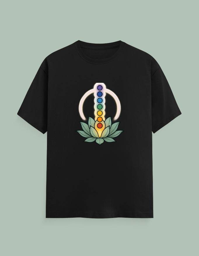 Black Chakra Mandala Yoga Tee with colorful chakra symbols and lotus flower design