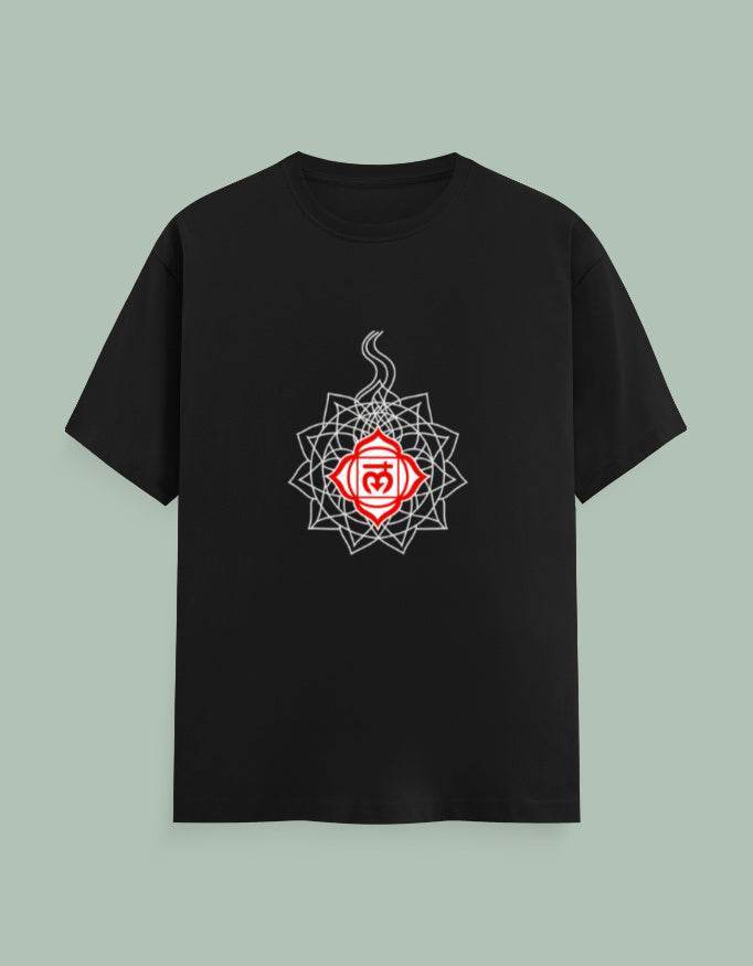 Black t-shirt featuring a red and white Chakra Mandala Yoga Tee design by SkyBi Shirts