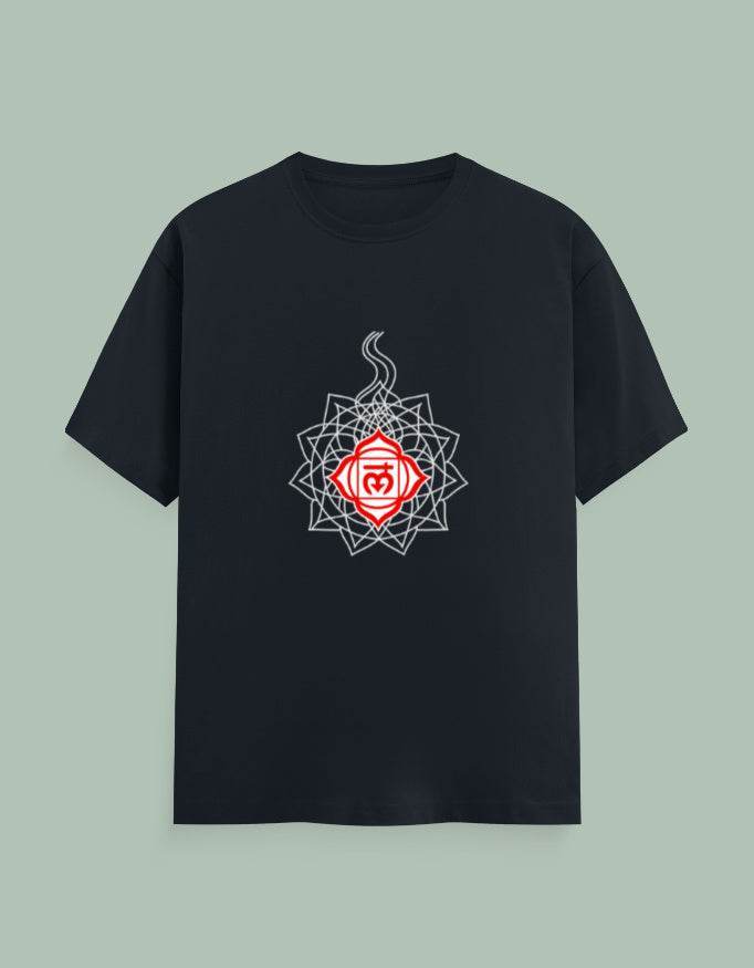 Black Chakra Mandala Yoga Tee with intricate white and red chakra design on front by SkyBi Shirts
