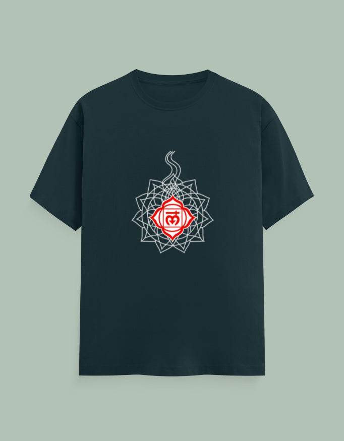 SkyBi Shirts Chakra Mandala Yoga Tee in black with red and white chakra mandala design on front