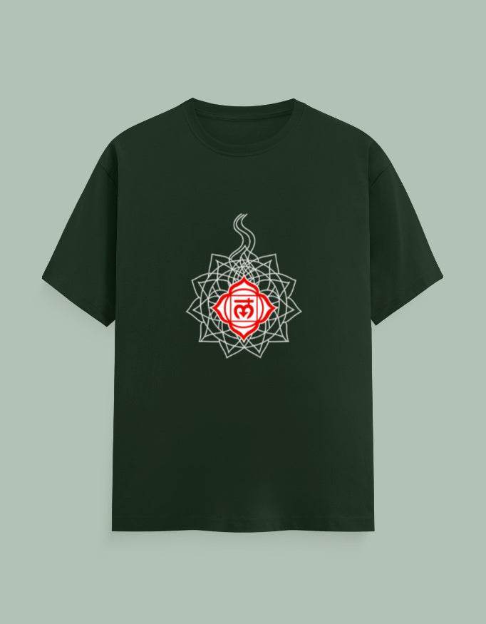 Dark green Chakra Mandala Yoga Tee with a red and white intricate chakra symbol centered on the chest
