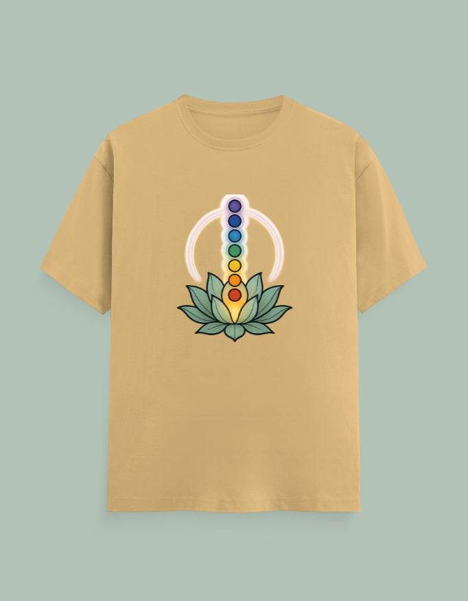 Beige Chakra Mandala Yoga Tee with colorful chakra symbols and lotus flower design from SkyBi Shirts