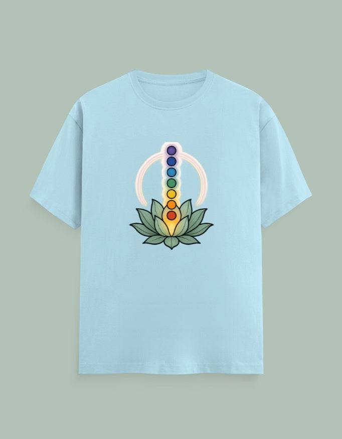 Light blue Chakra Mandala Yoga Tee with multicolor chakra symbols and lotus design on front