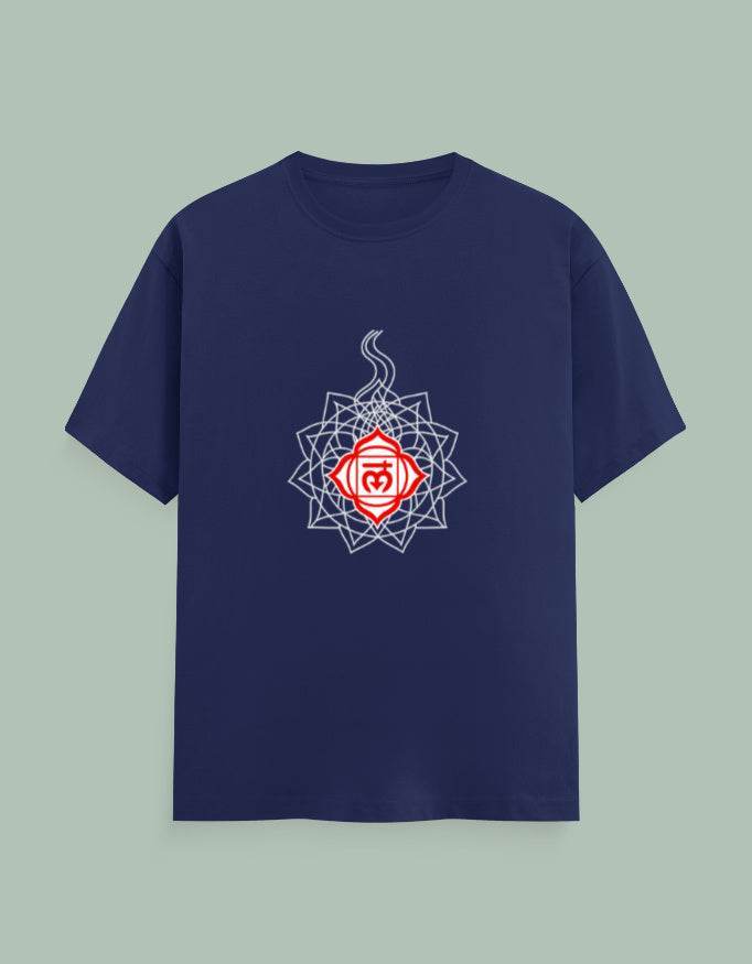 Navy blue Chakra Mandala Yoga Tee with red and white intricate mandala design on front