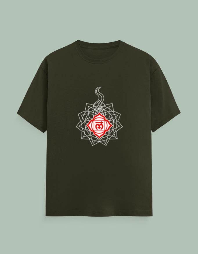 Olive green Chakra Mandala Yoga Tee with intricate red and white chakra design on front