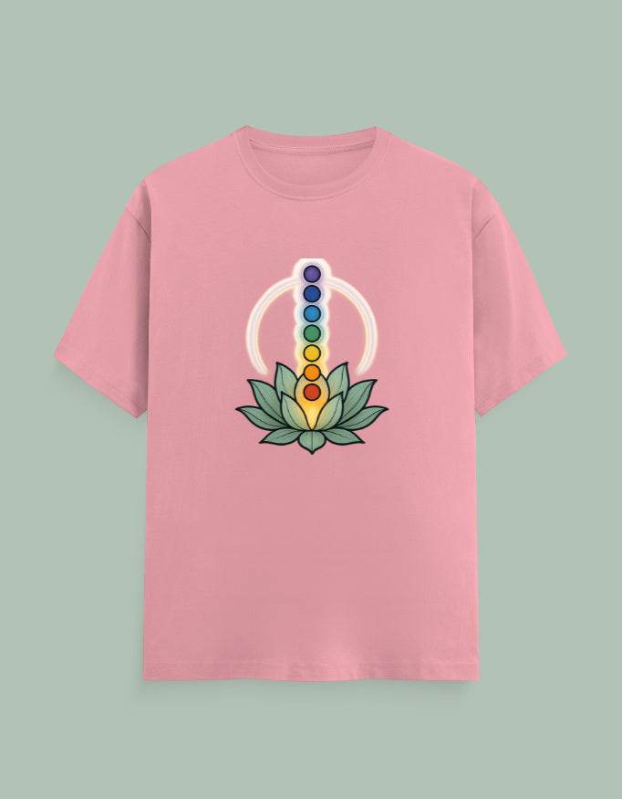 Pink Chakra Mandala Yoga Tee with colorful chakra symbols above green lotus flower