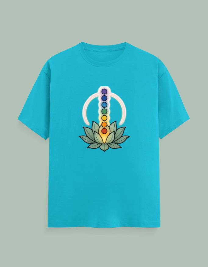 SkyBi Shirts Chakra Mandala Yoga Tee in turquoise with chakra symbols and lotus flower design