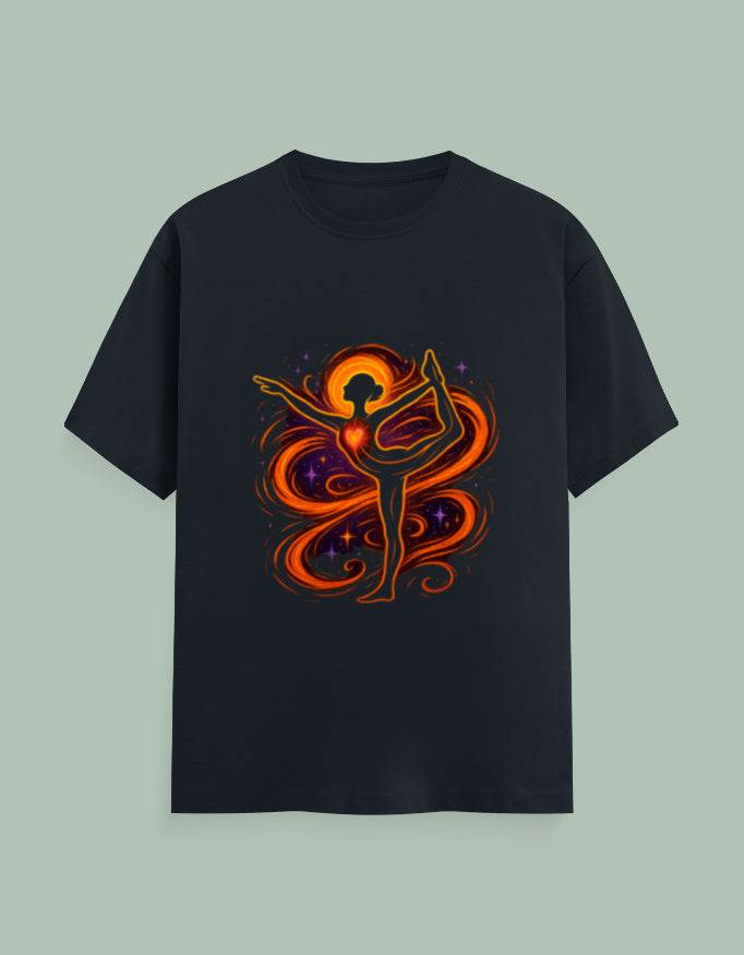 Black t-shirt featuring a vibrant Dancer Silhouette Yoga Tee design with fiery orange and purple swirls