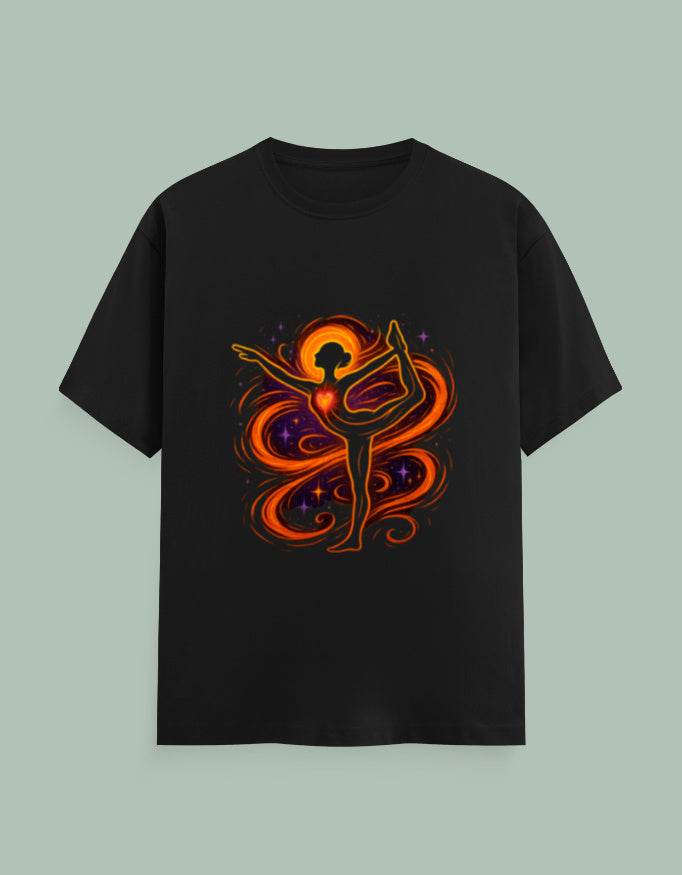 Dancer Silhouette Yoga Tee black shirt with vibrant orange and purple dancer silhouette graphic design