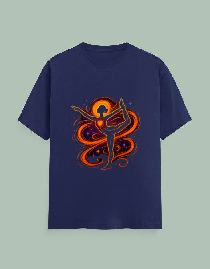 Navy blue t-shirt featuring a vibrant dancer silhouette yoga tee design with fiery orange and red swirls