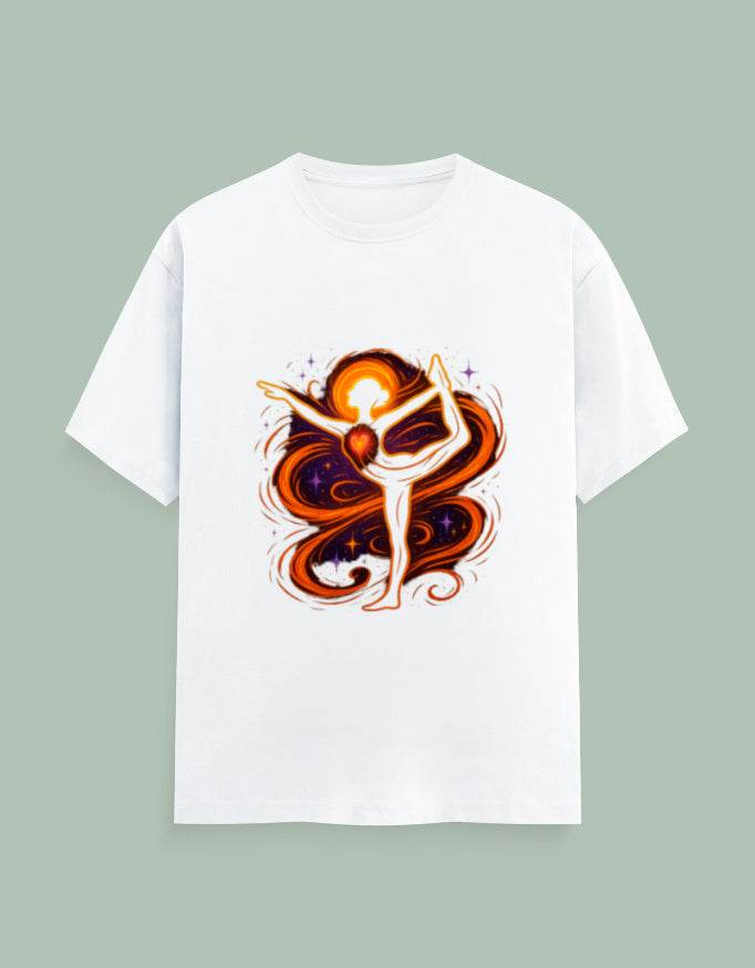 White t-shirt with vibrant dancer silhouette yoga tee graphic in orange and purple colors