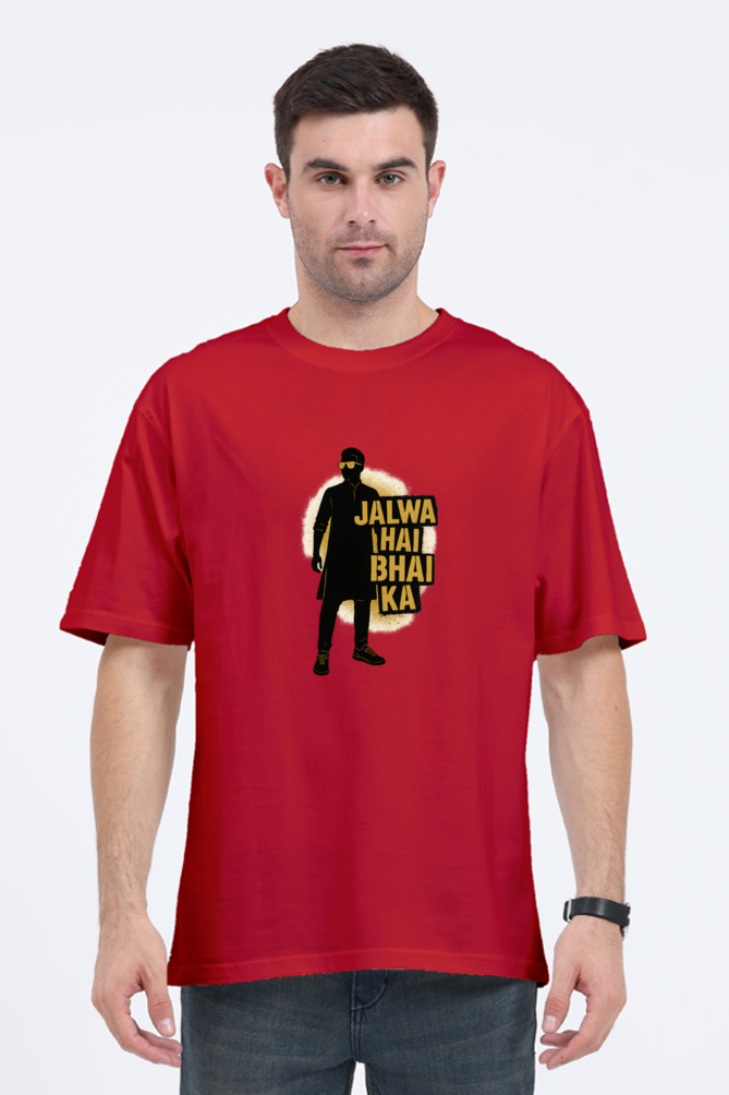 Red desi streetwear oversized t-shirt with black graphic and Jalwa Hai Bhai Ka text worn by male model