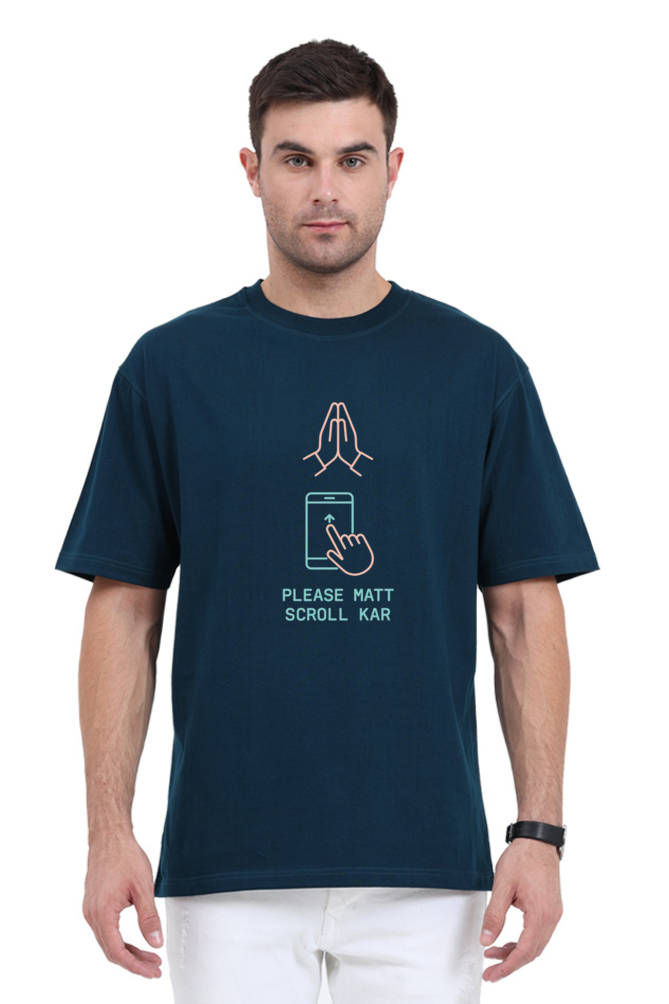 Man wearing navy blue Funny Oversized T-Shirt 240 GSM with prayer hands and mobile scroll graphic
