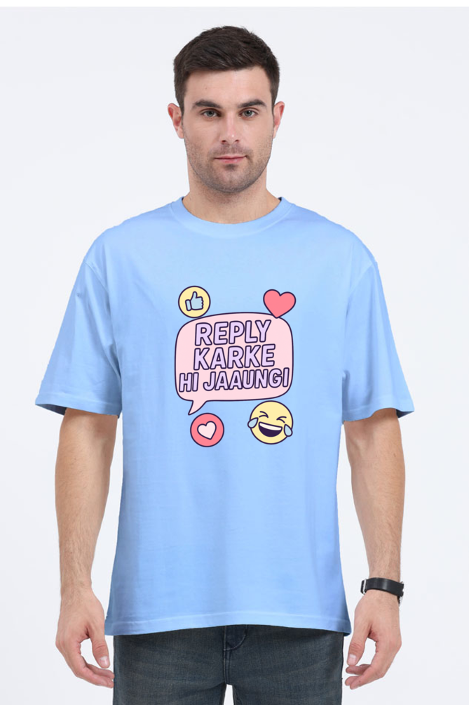 SkyBi Shirts Funny Reply Oversized T-Shirt 240 GSM in light blue with playful social media graphic