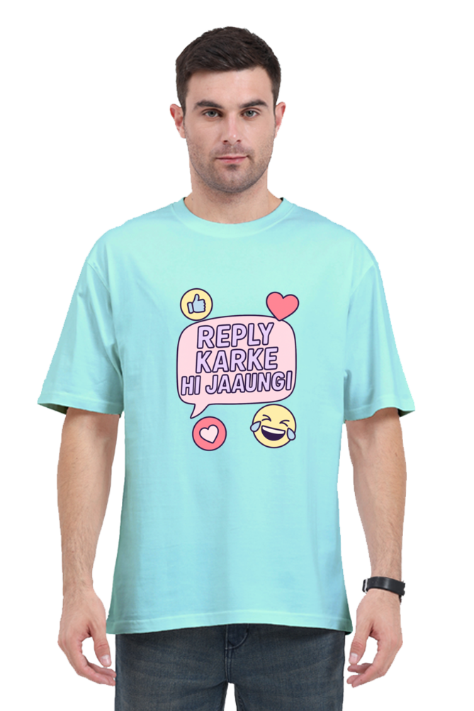 Man wearing Funny Reply Oversized T-Shirt 240 GSM in light blue with reply message and emoji graphics