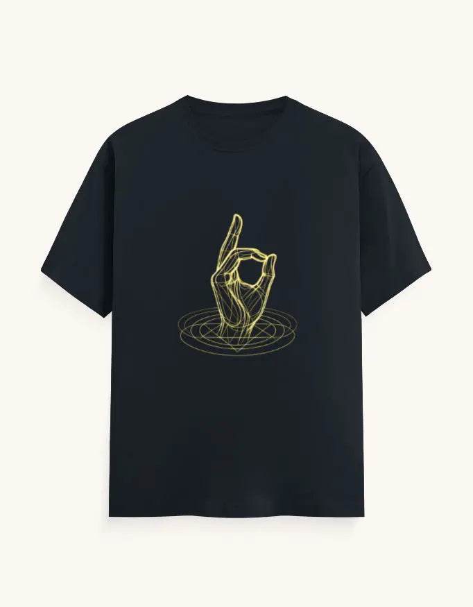 Black Gyana Mudra Yoga Tee by SkyBi Shirts featuring a golden hand gesture design on the front