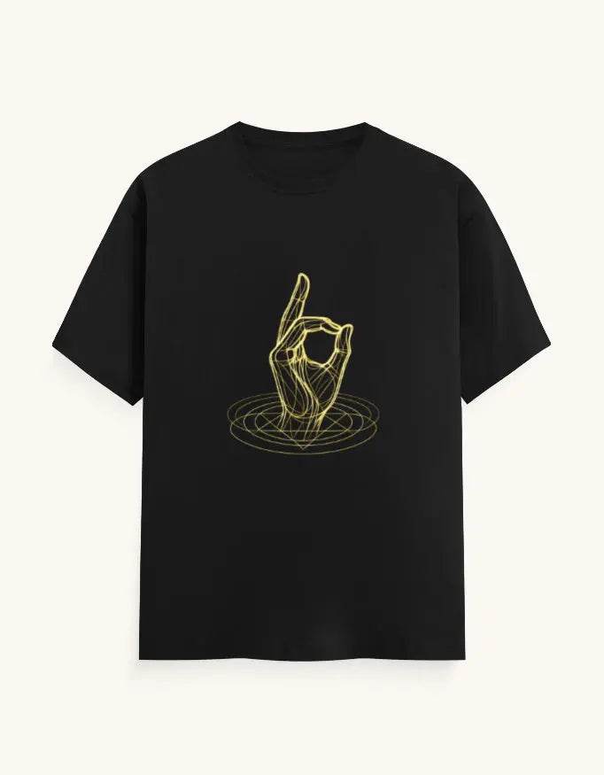 Black Gyana Mudra Yoga Tee by SkyBi Shirts featuring a yellow hand gesture design on the front