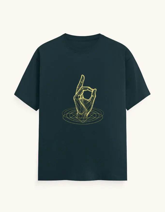 Black Gyana Mudra Yoga Tee with yellow hand mudra graphic and circular ripple design