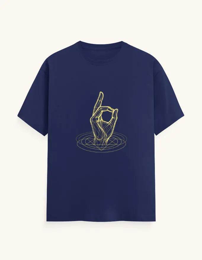 Navy blue Gyana Mudra Yoga Tee by SkyBi Shirts featuring a yellow hand gesture design with ripple effect
