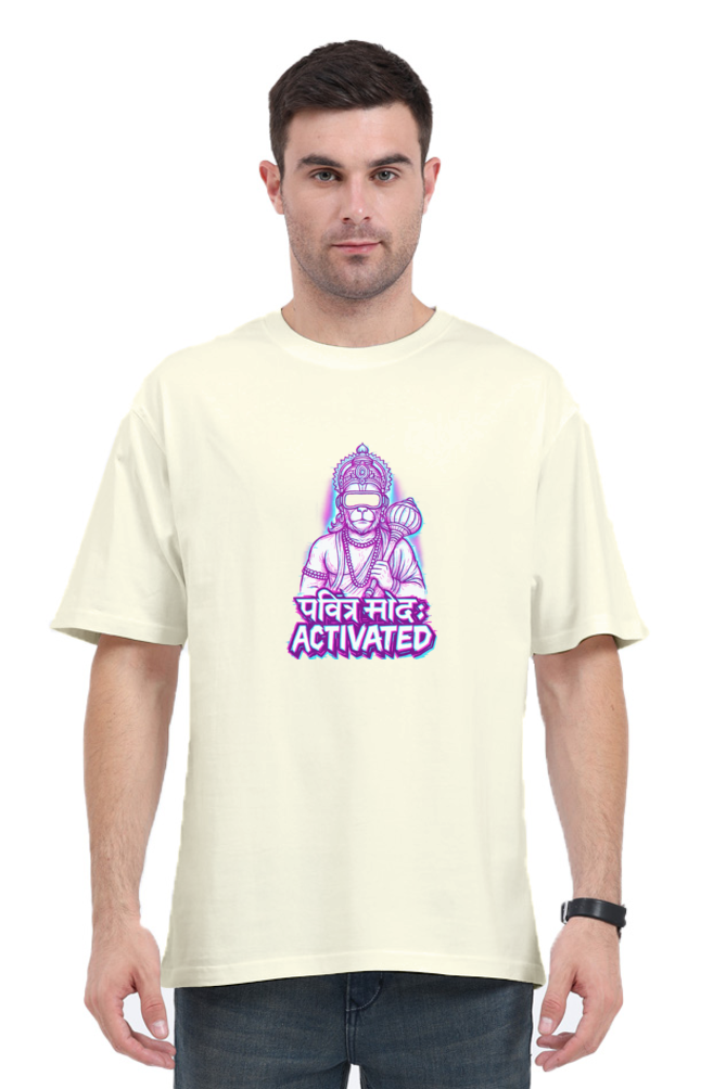 Hanuman graphic oversized t-shirt in cream color featuring vibrant purple and pink design with text on front