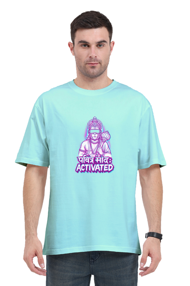 Hanuman graphic oversized t-shirt in light blue with purple Hanuman print worn by male model