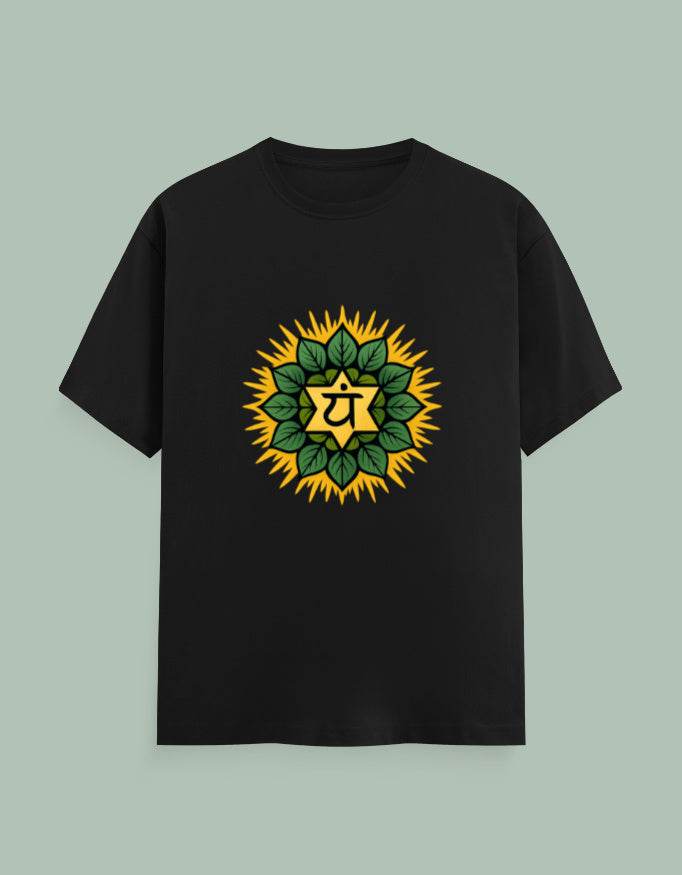 Black Healing Heart Yoga Tee with green and yellow chakra heart design on front