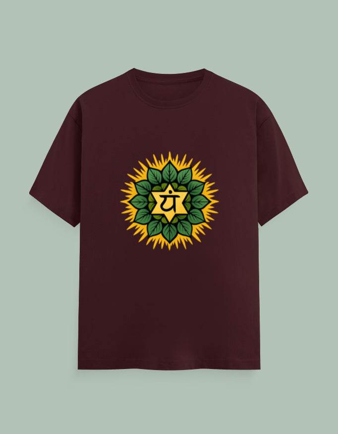 Healing Heart Yoga Tee in maroon with green and yellow chakra design at center
