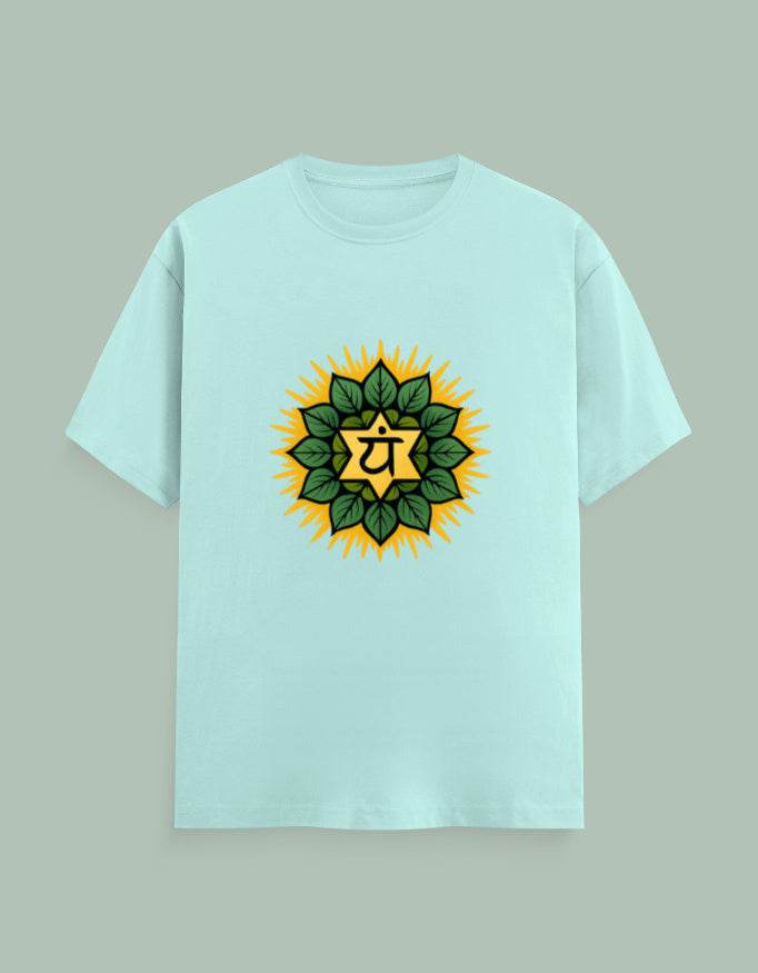 SkyBi Shirts Healing Heart Yoga Tee in light blue with green and yellow chakra-inspired design