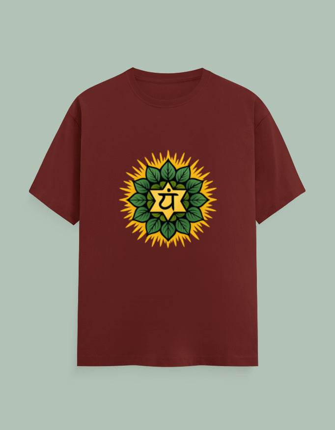 Maroon Healing Heart Yoga Tee with green and yellow chakra symbol design on front