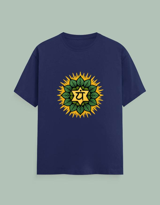 Healing Heart Yoga Tee by SkyBi Shirts in navy featuring a vibrant chakra design with green leaves and yellow accents