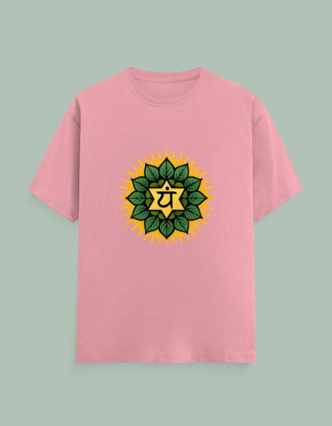 Pink Healing Heart Yoga Tee with green leaf and yellow chakra symbol graphic on front